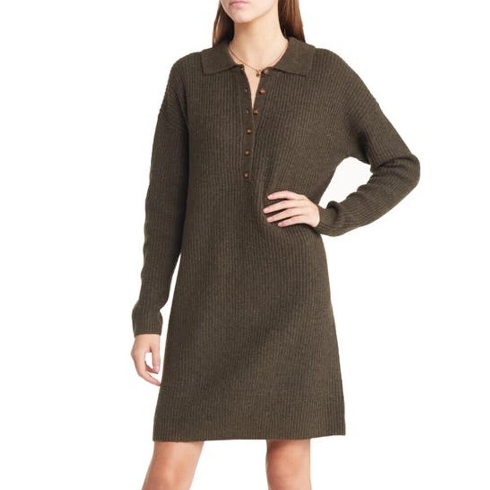 New TREASURE & BOND Polo Long Sleeve Jumper Dress In Green Rosin P7050